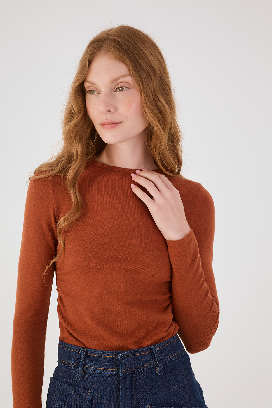 Brown Mate Long Sleeve Ruched Tricot Blouse