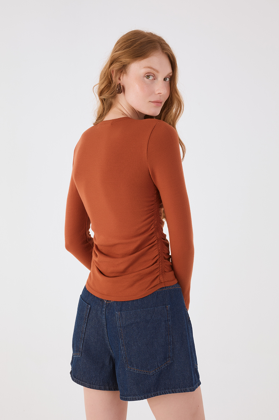 Brown Mate Long Sleeve Ruched Tricot Blouse
