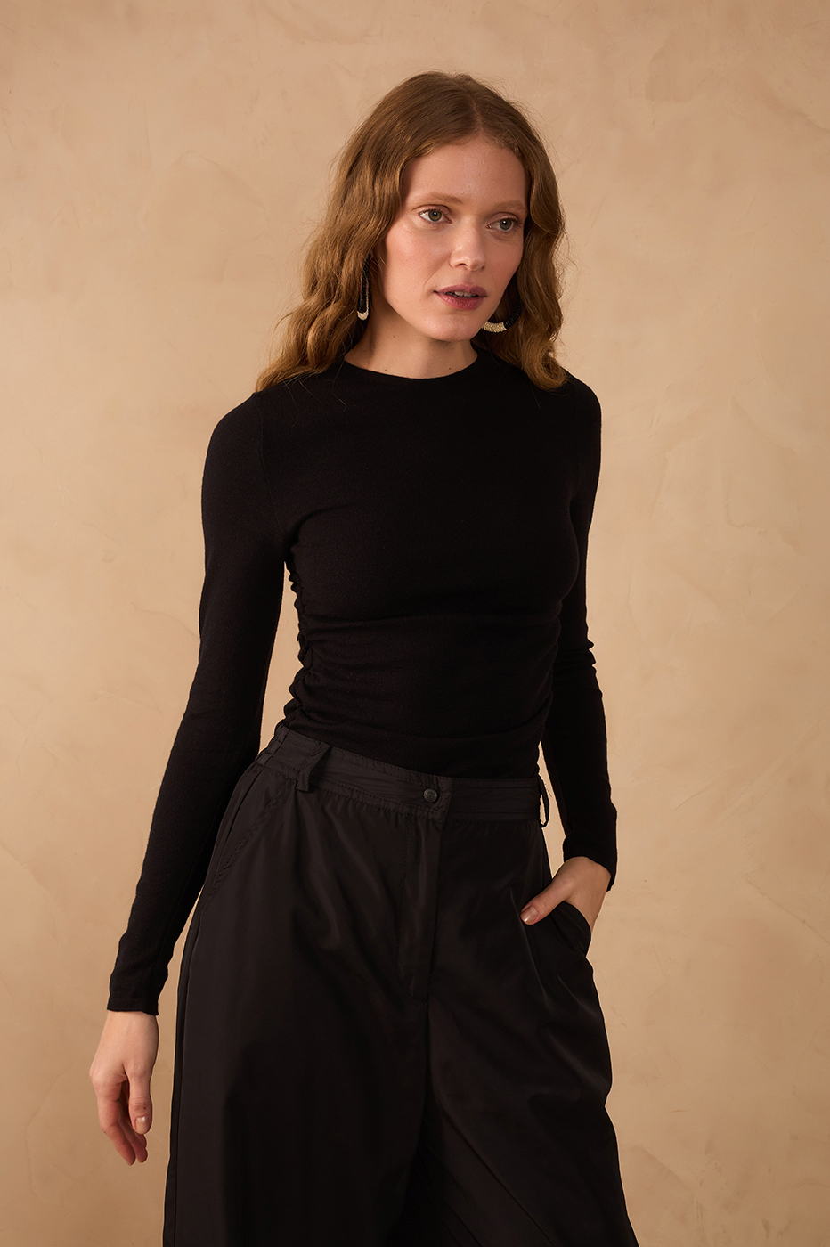 Black Long Sleeve Ruched Tricot Blouse