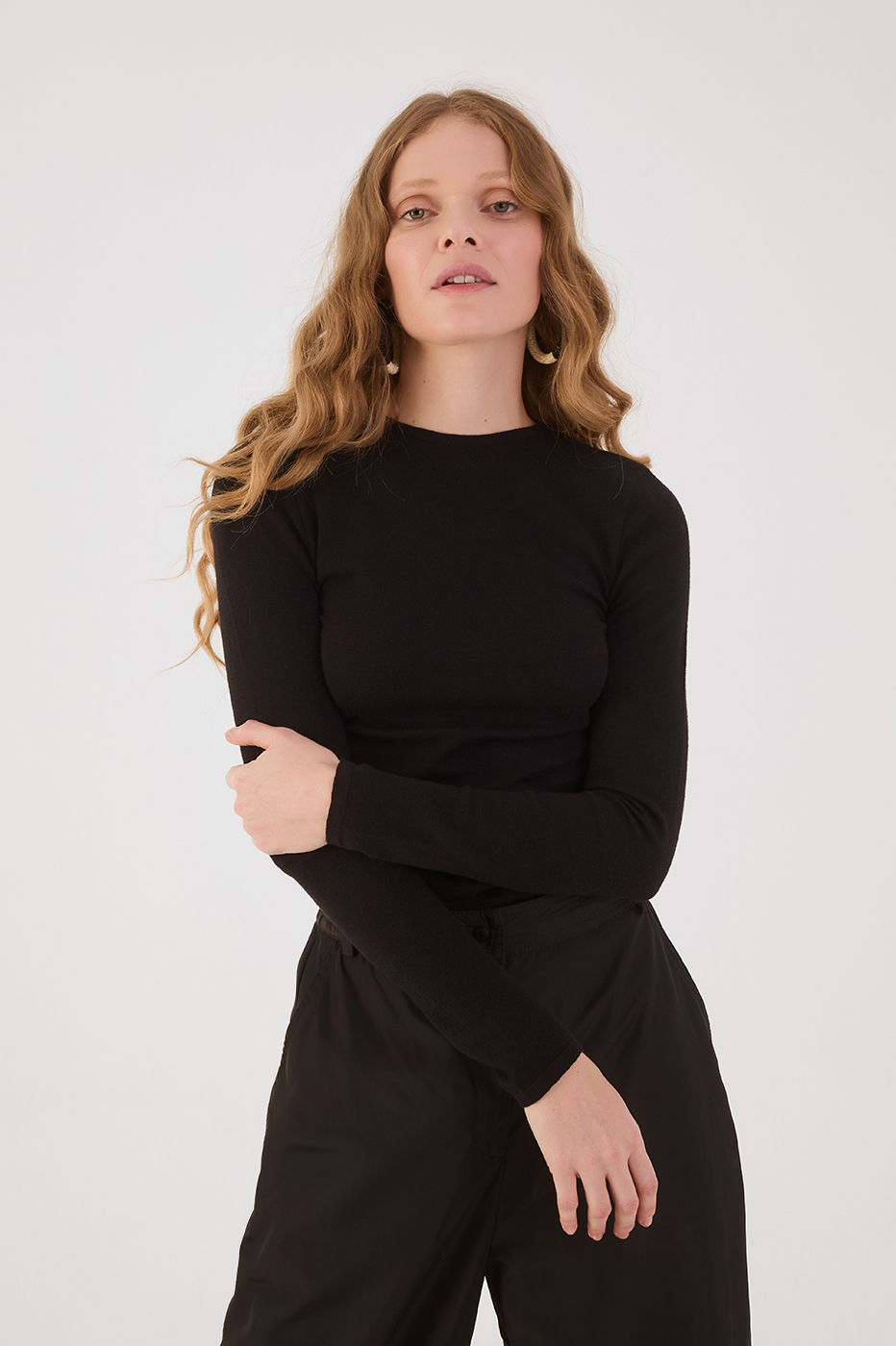 Black Long Sleeve Ruched Tricot Blouse_2