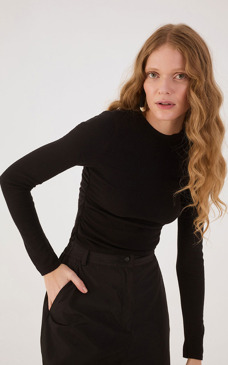 Black Long Sleeve Ruched Tricot Blouse