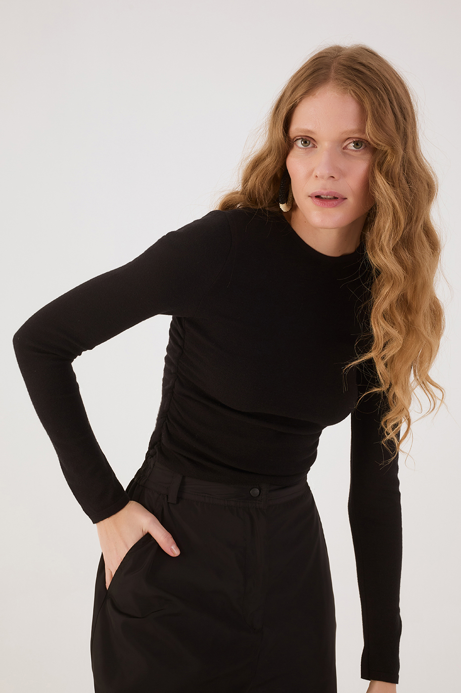 Black Long Sleeve Ruched Tricot Blouse