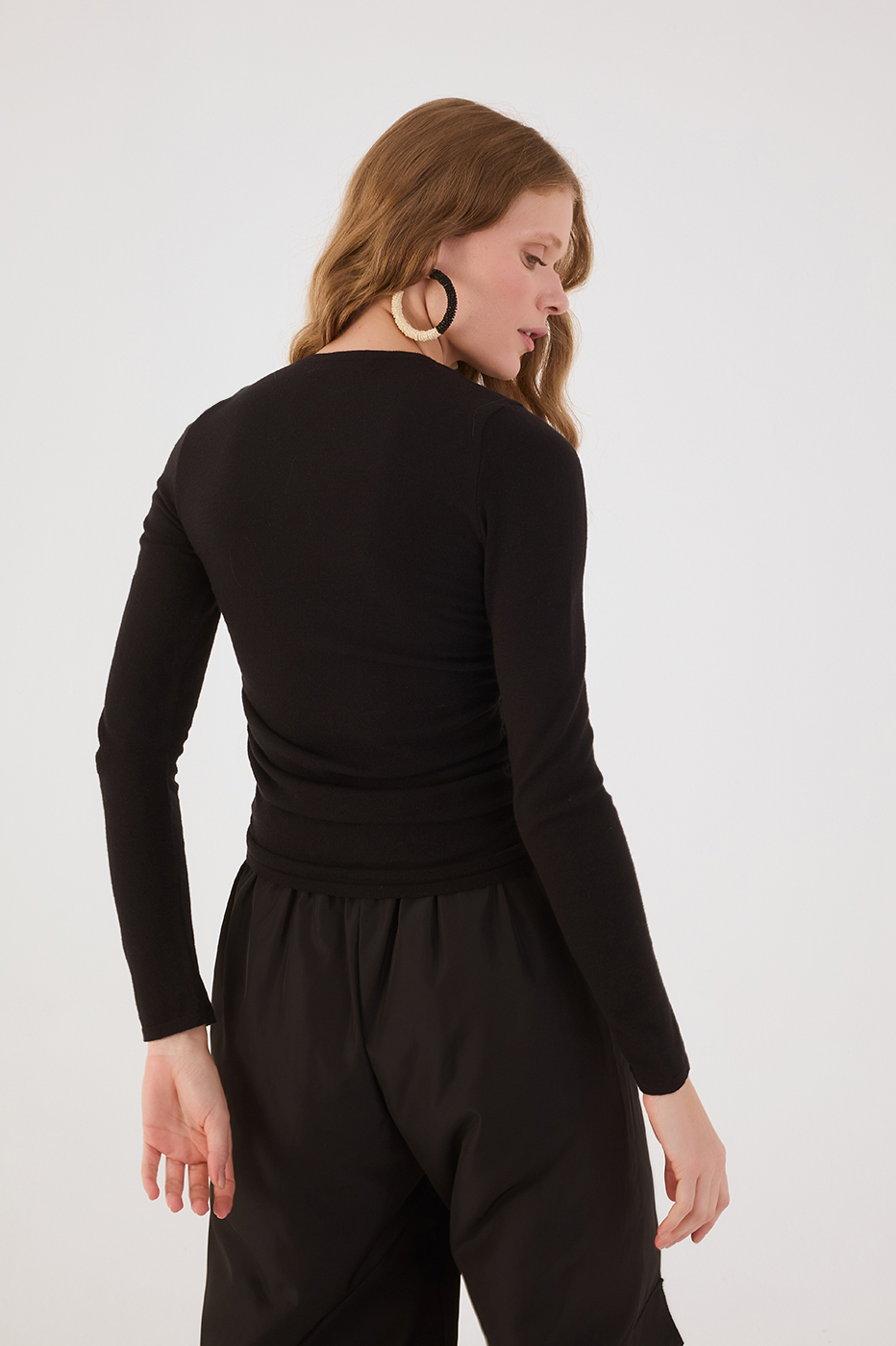 Black Long Sleeve Ruched Tricot Blouse