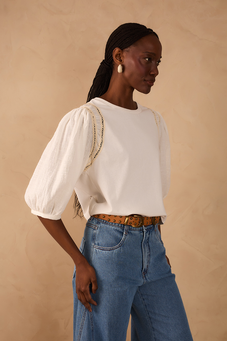Off-White Crew Neck Lace Puff Sleeve Blouse