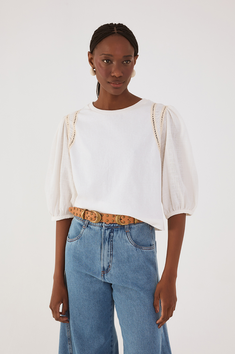 Off-White Crew Neck Lace Puff Sleeve Blouse