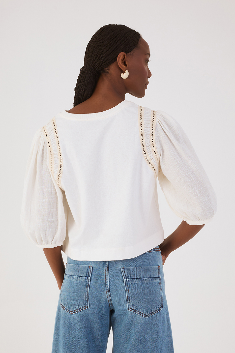 Off-White Crew Neck Lace Puff Sleeve Blouse
