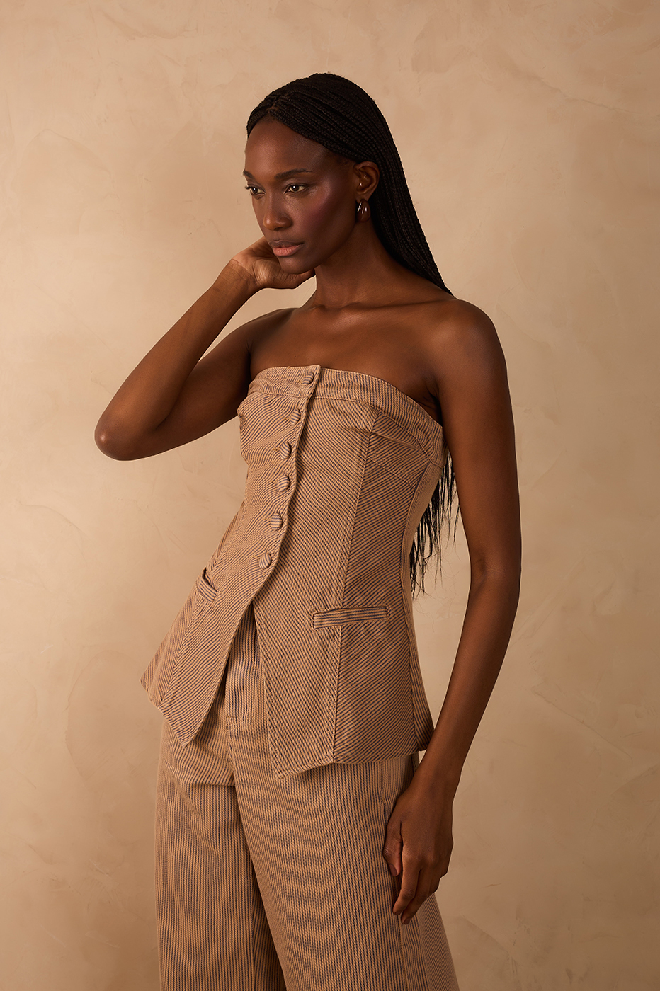Beige Stripes Strapless Buttoned Asymmetric Blouse