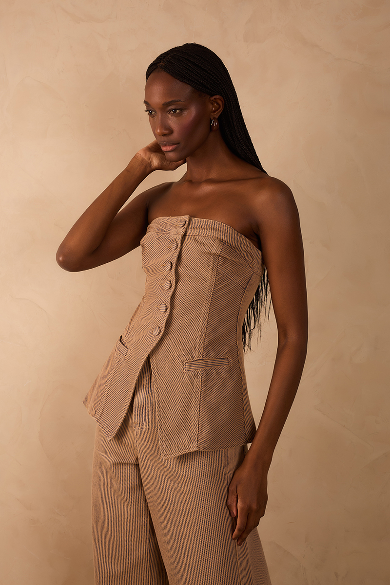 Beige Stripes Strapless Buttoned Asymmetric Blouse