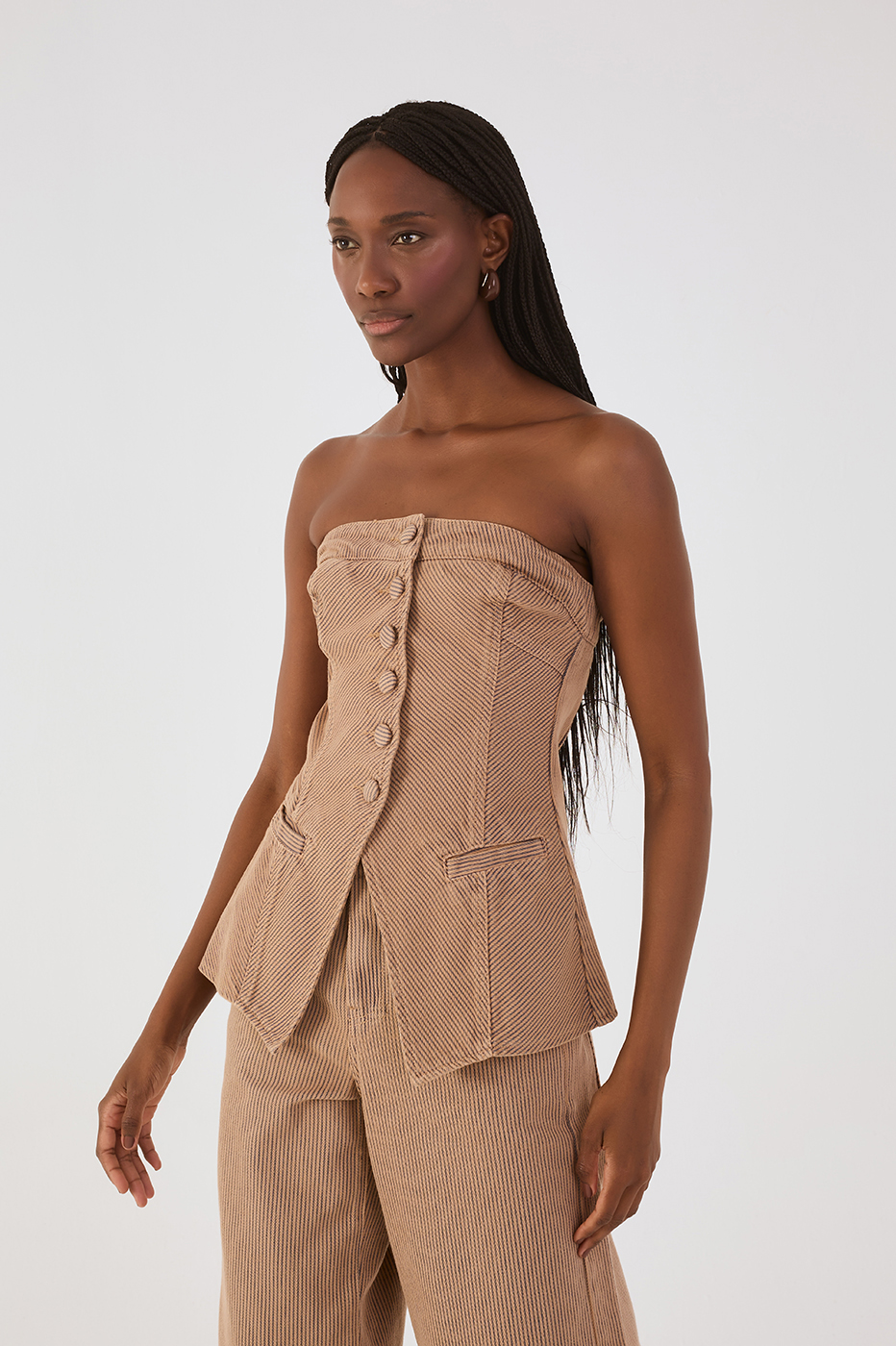 Beige Stripes Strapless Buttoned Asymmetric Blouse