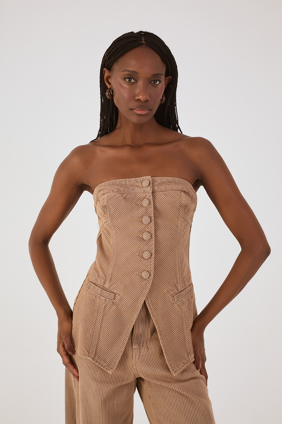 Beige Stripes Strapless Buttoned Asymmetric Blouse
