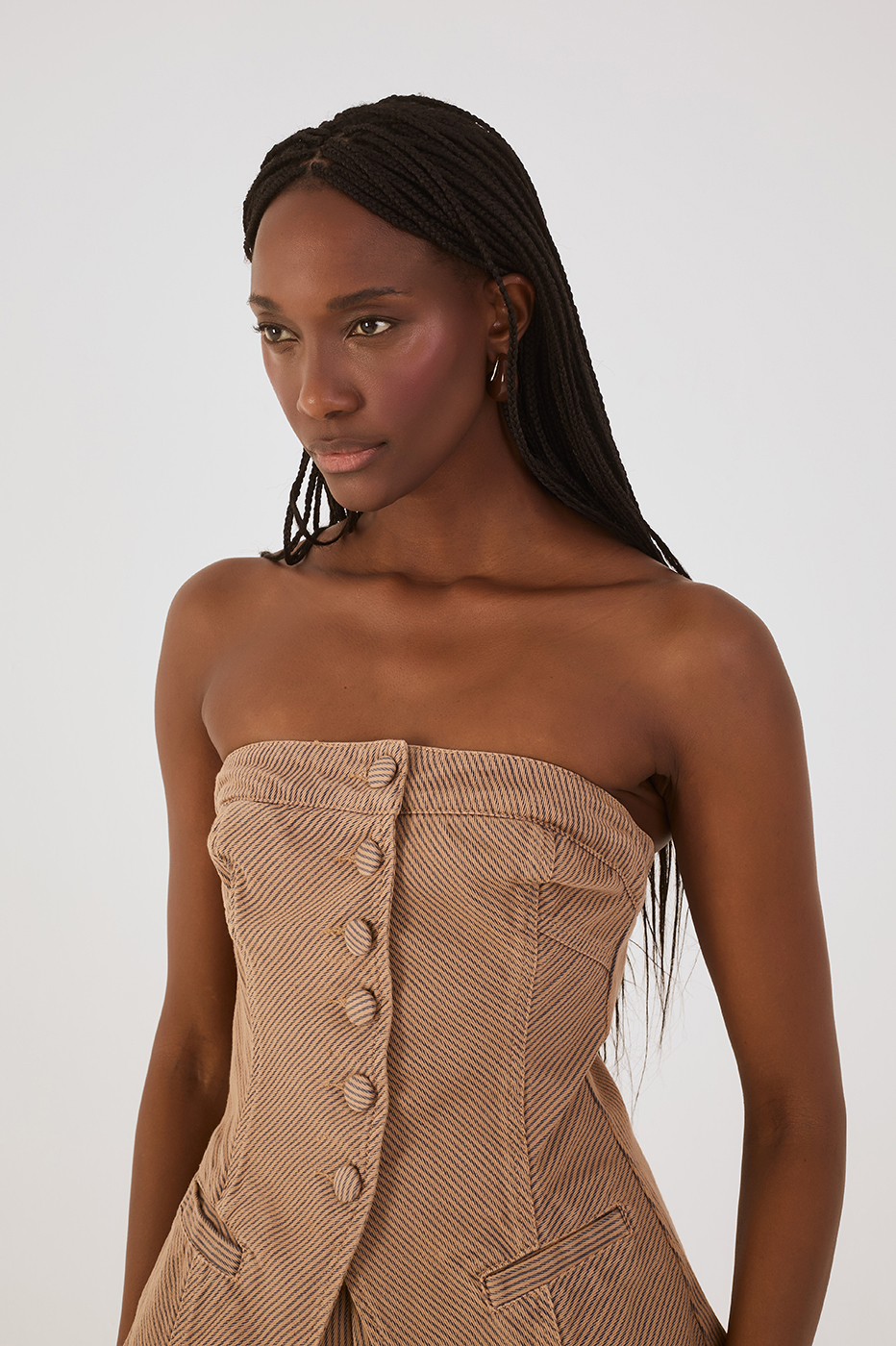 Beige Stripes Strapless Buttoned Asymmetric Blouse