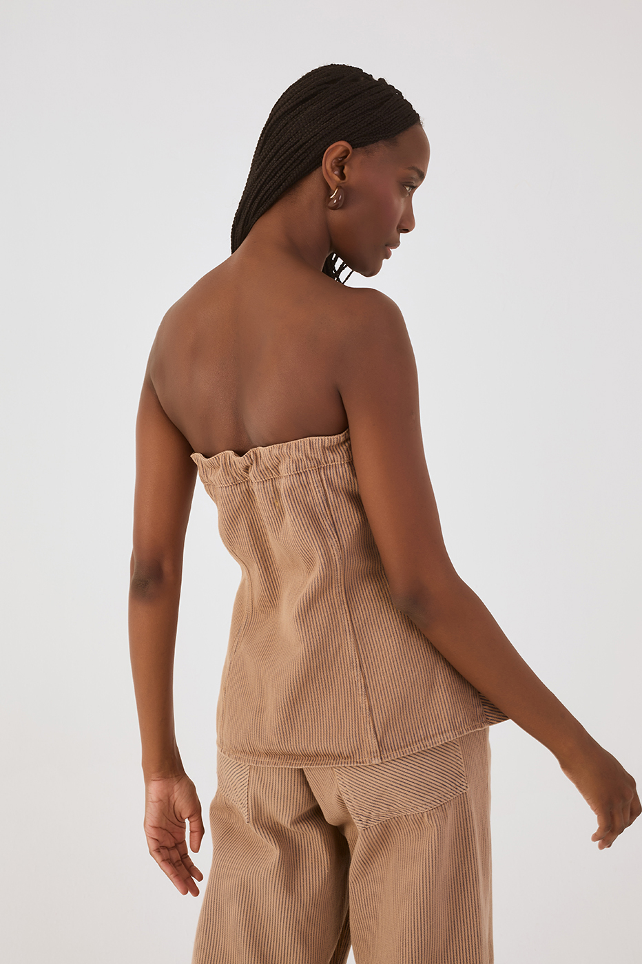 Beige Stripes Strapless Buttoned Asymmetric Blouse