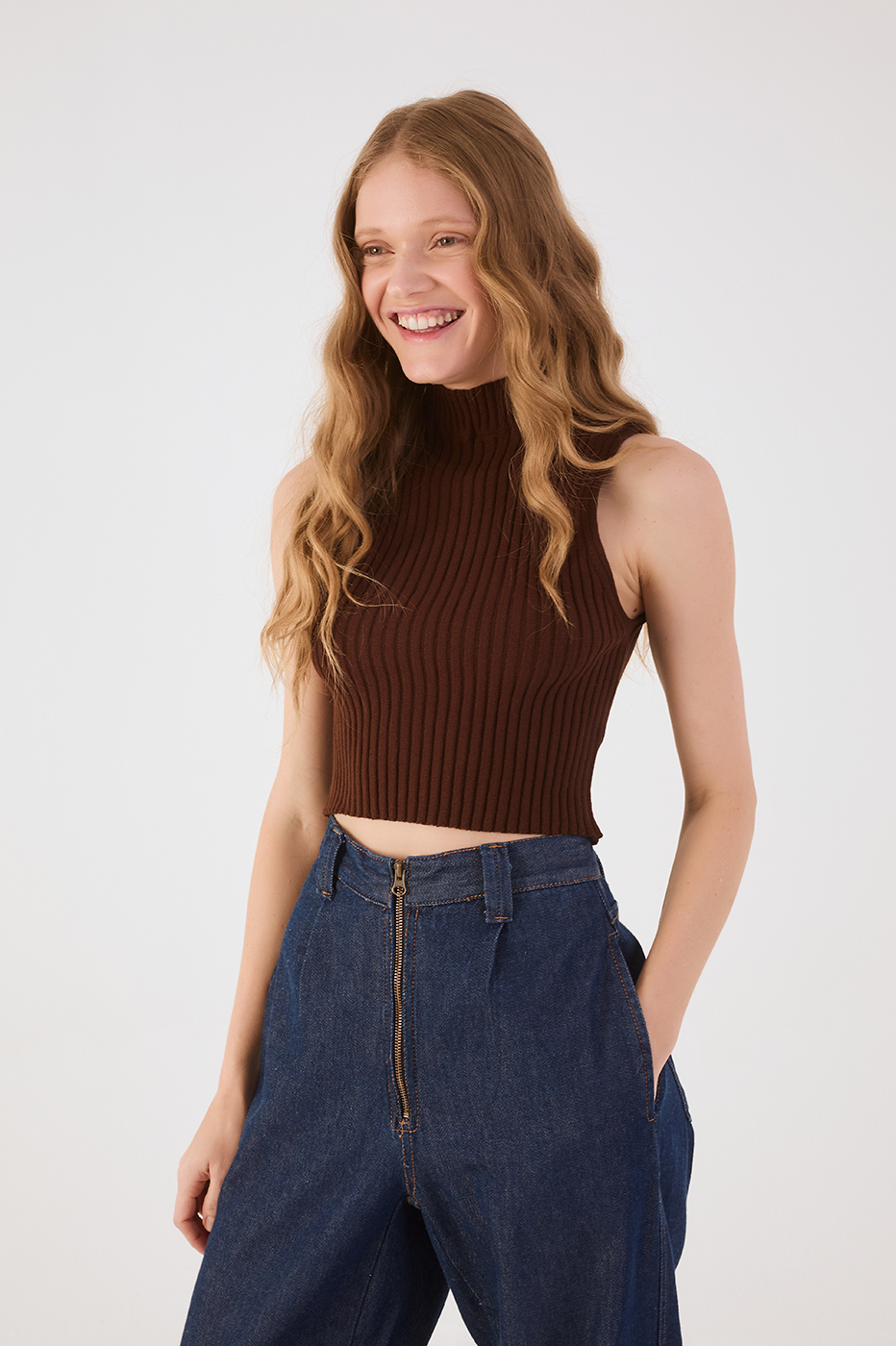 Brown Caffeine Ribbed Sleeveless Turtleneck