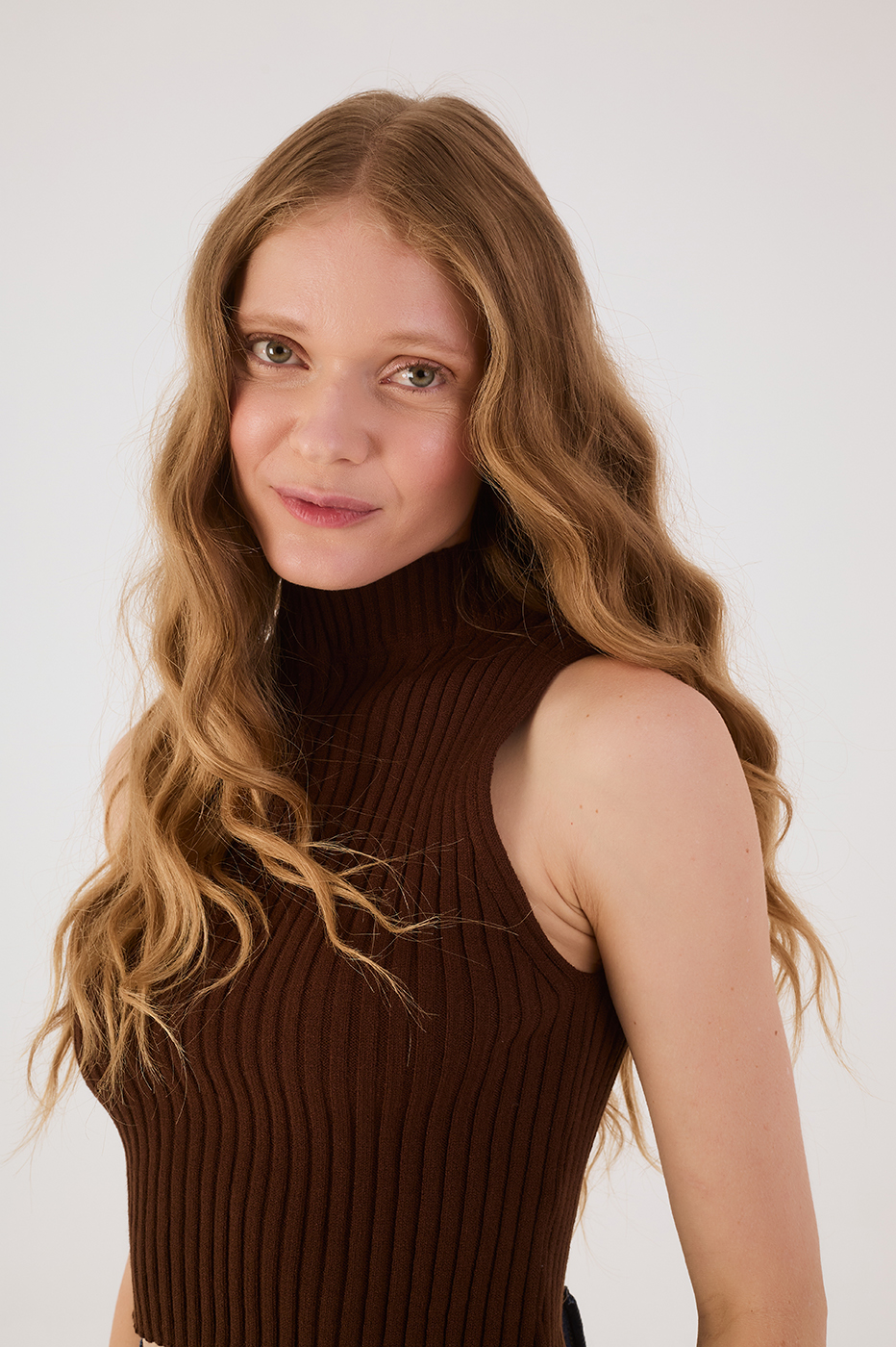 Brown Caffeine Ribbed Sleeveless Turtleneck