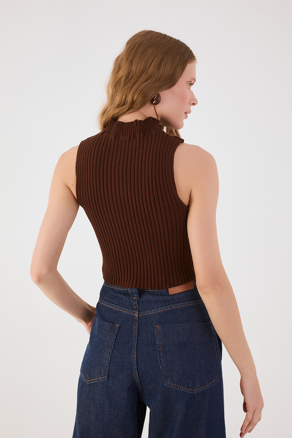 Brown Caffeine Ribbed Sleeveless Turtleneck