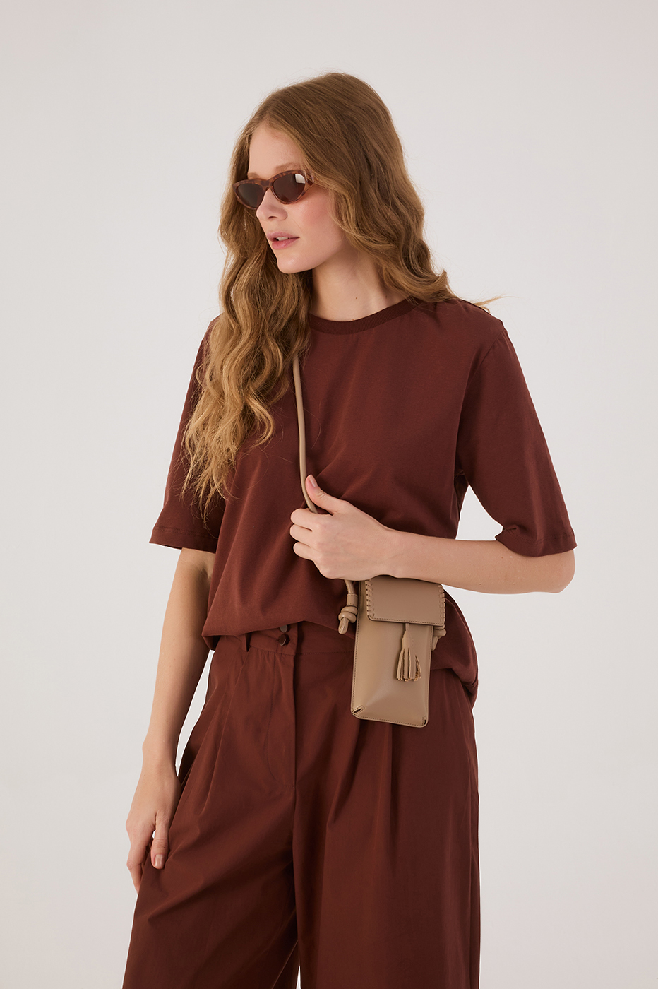 Brown Caffeine Crew Neck Short Sleeve Padded Shoulders T-Shirt