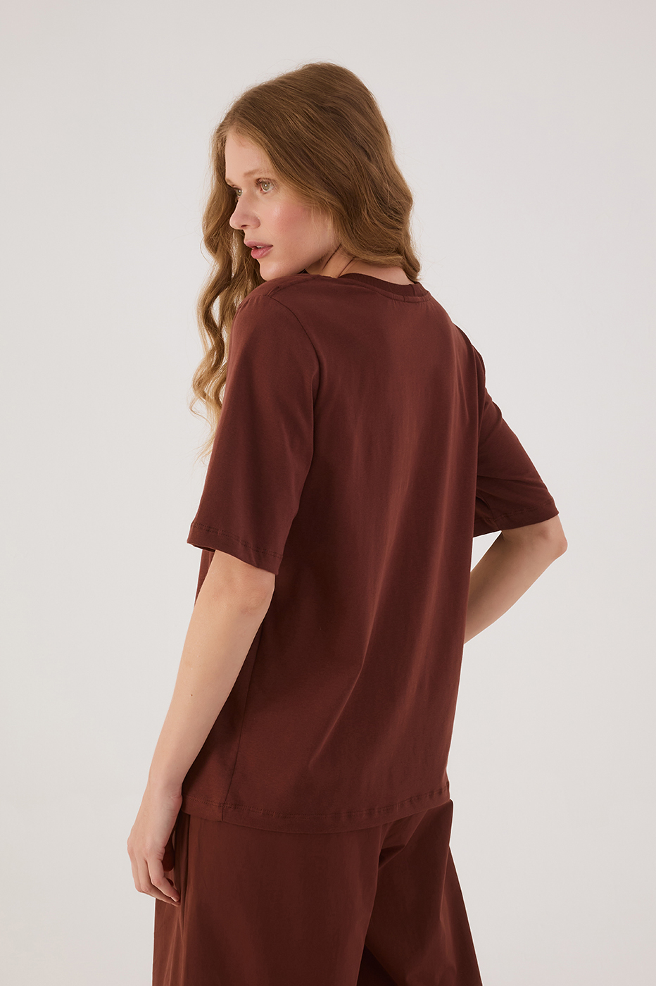 Brown Caffeine Crew Neck Short Sleeve Padded Shoulders T-Shirt