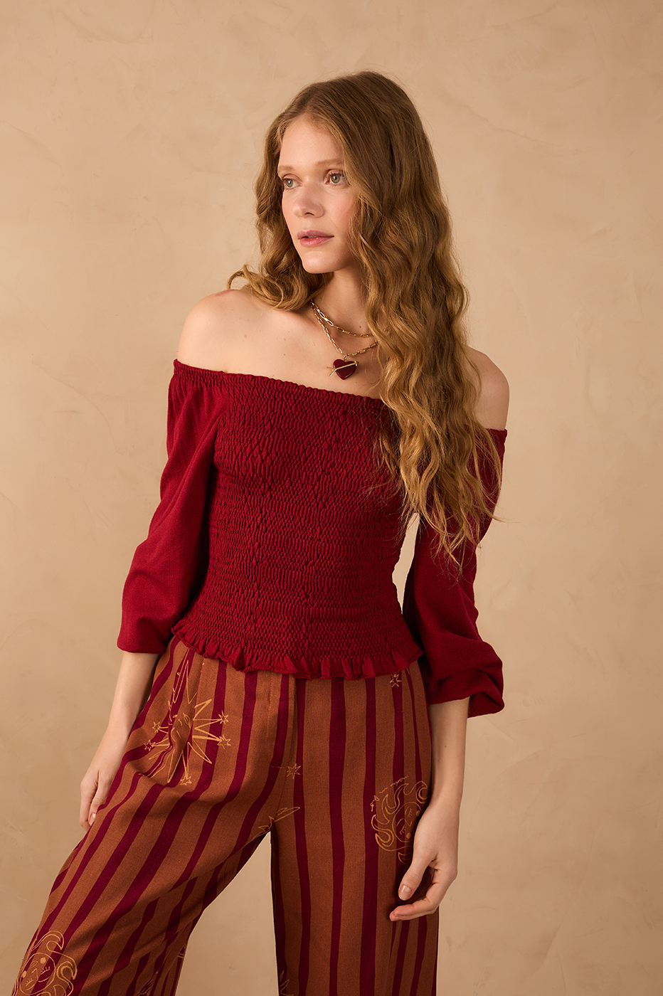 Smocked Sleeve Knit Blouse