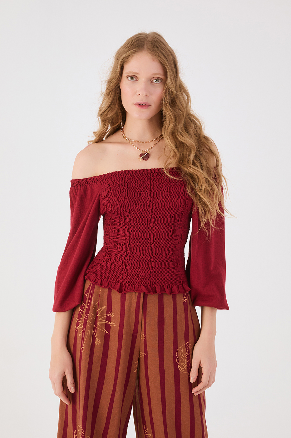 Smocked Sleeve Knit Blouse