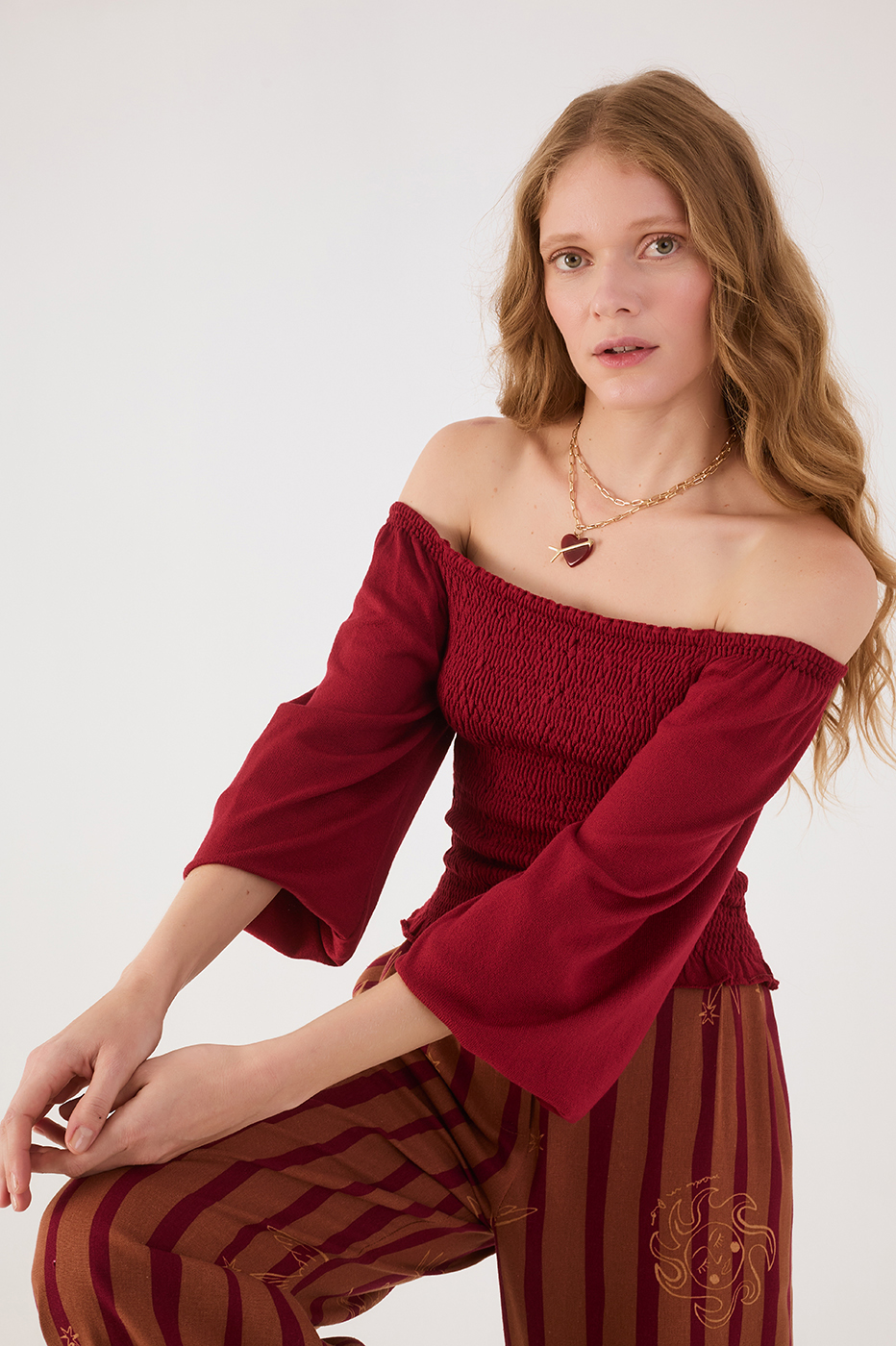 Smocked Sleeve Knit Blouse