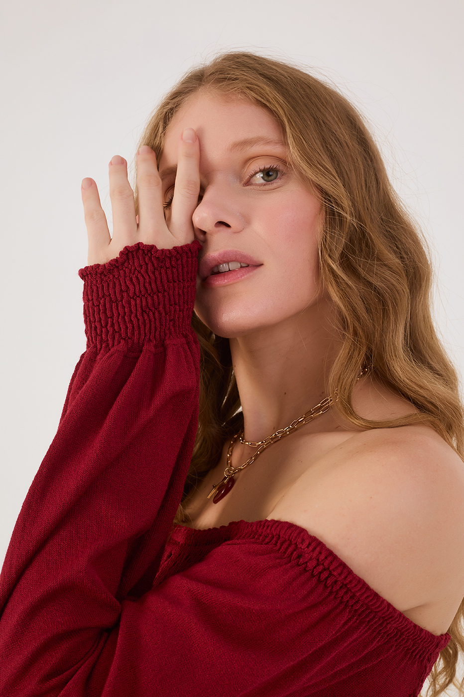 Smocked Sleeve Knit Blouse