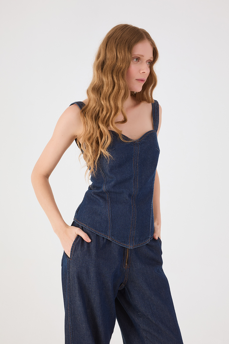 Denim Sweetheart Neckline Sleeveless Top