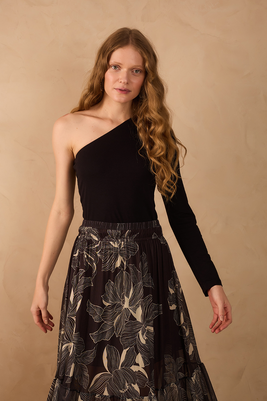 Black One-Shoulder Long Sleeve Crepe Blouse