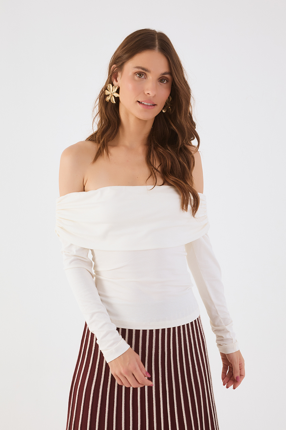 Off-White Long Sleeve Off-The-Shoulder Crepe Blouse