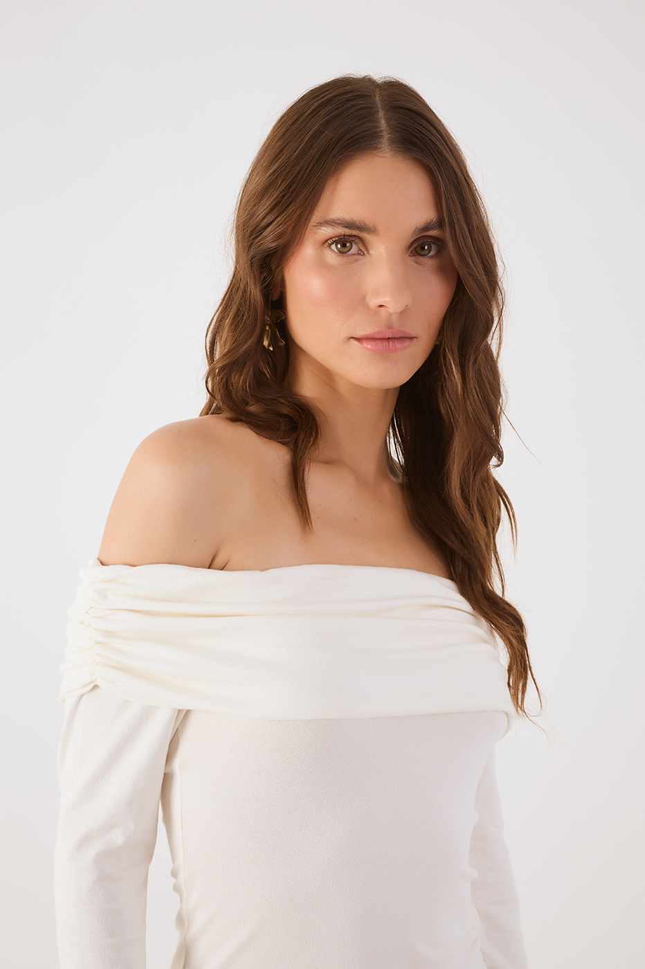 Off-White Long Sleeve Off-The-Shoulder Crepe Blouse