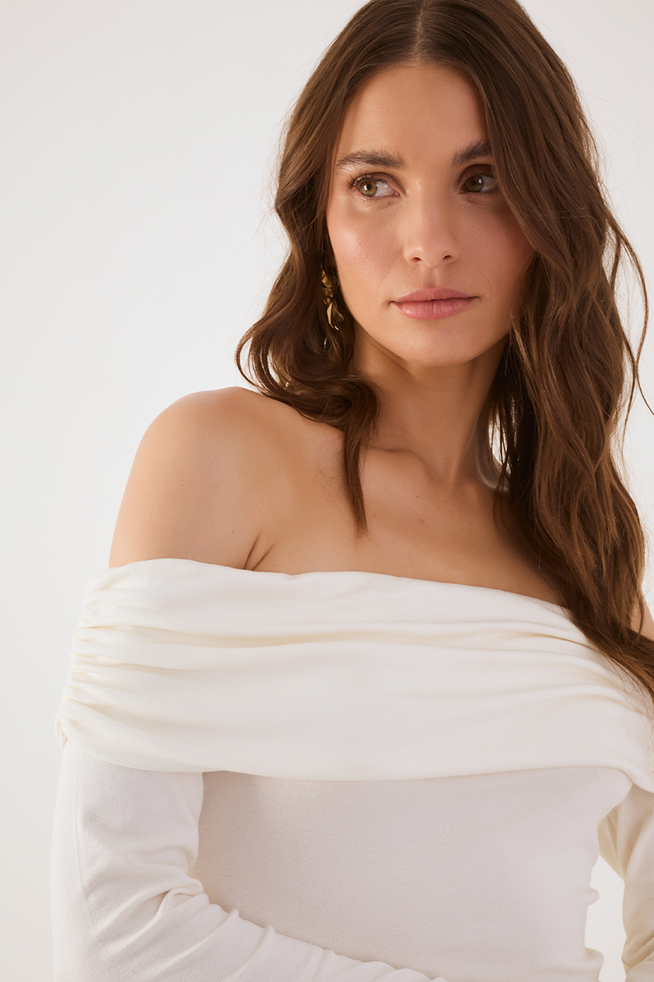 Off-White Long Sleeve Off-The-Shoulder Crepe Blouse