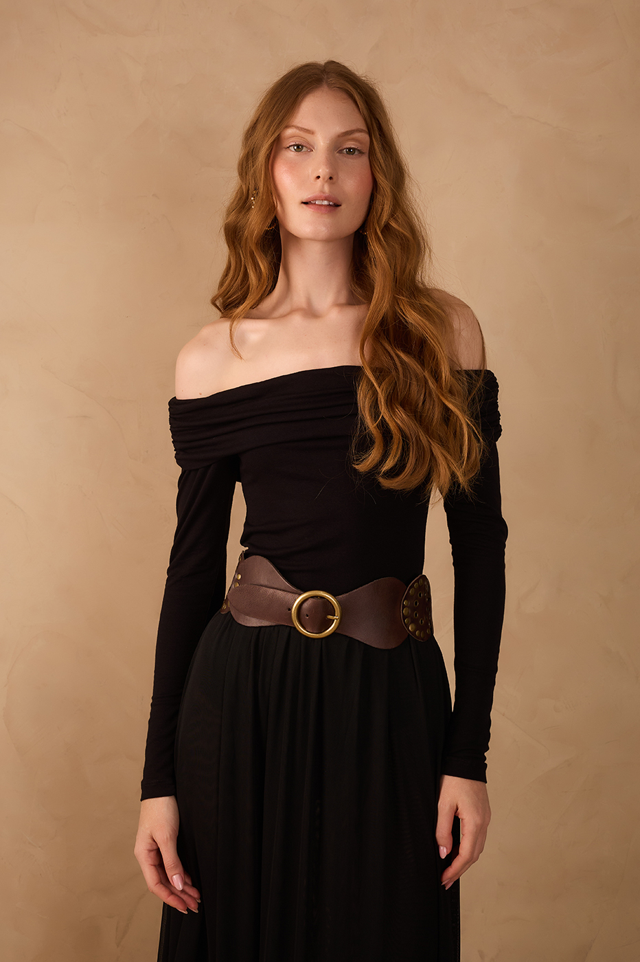 Black Long Sleeve Off-The-Shoulder Crepe Blouse,