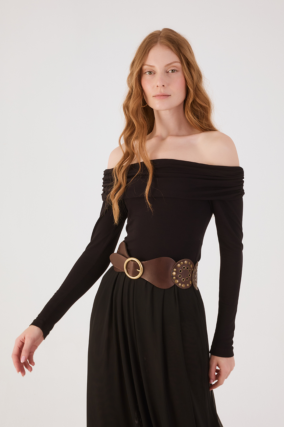 Black Long Sleeve Off-The-Shoulder Crepe Blouse,