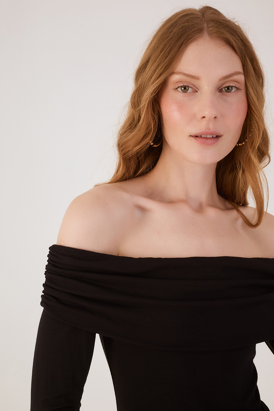 Black Long Sleeve Off-The-Shoulder Crepe Blouse,