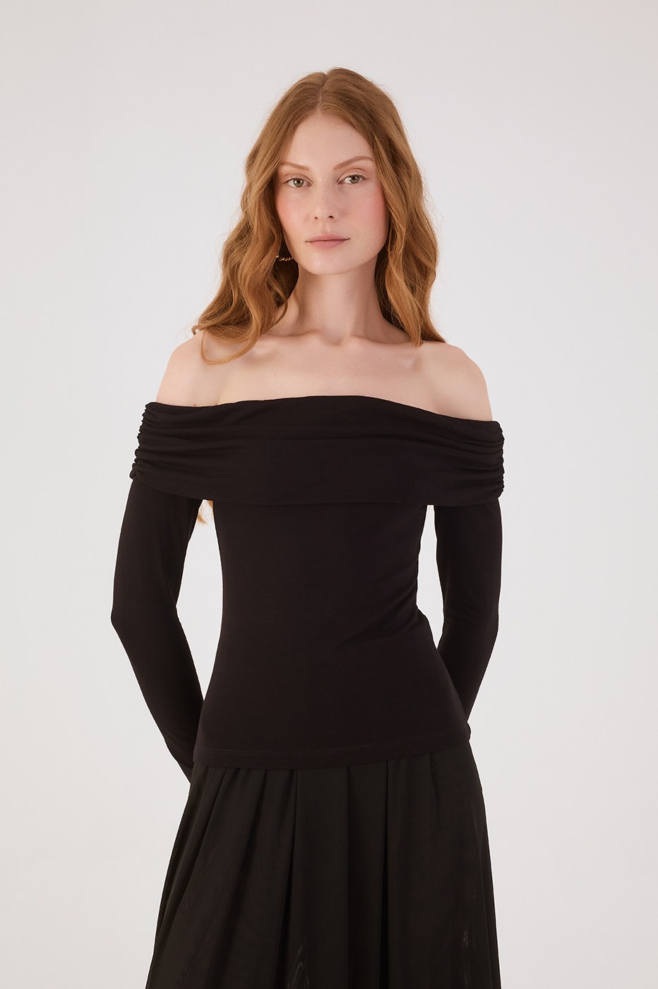 Black Long Sleeve Off-The-Shoulder Crepe Blouse,