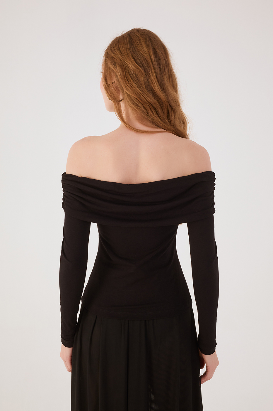 Black Long Sleeve Off-The-Shoulder Crepe Blouse,