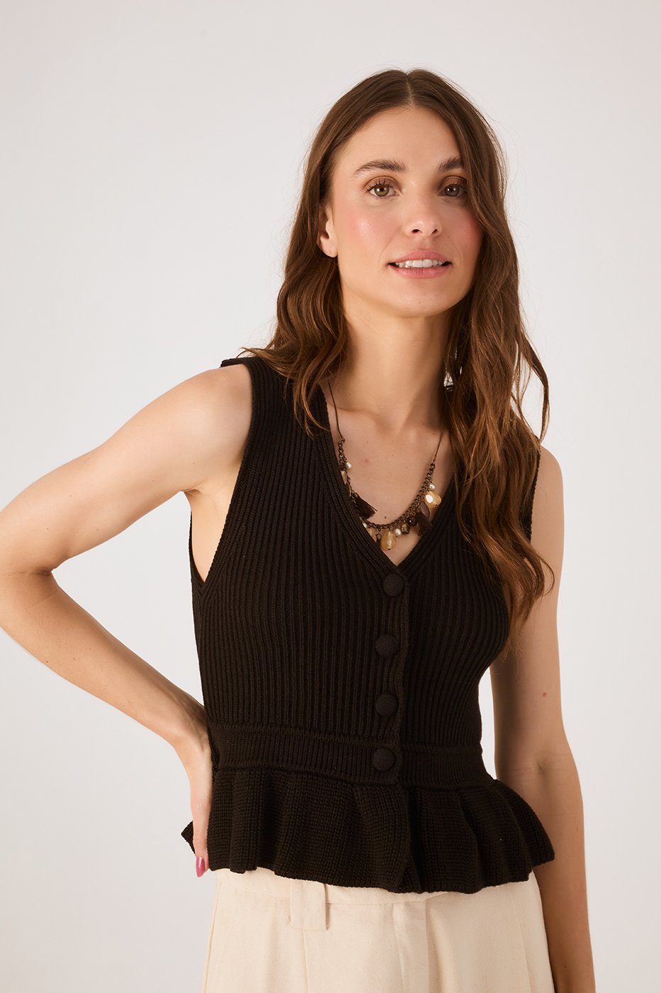 Black V Neck Buttoned Sleeveless Tricot Peplum Blouse