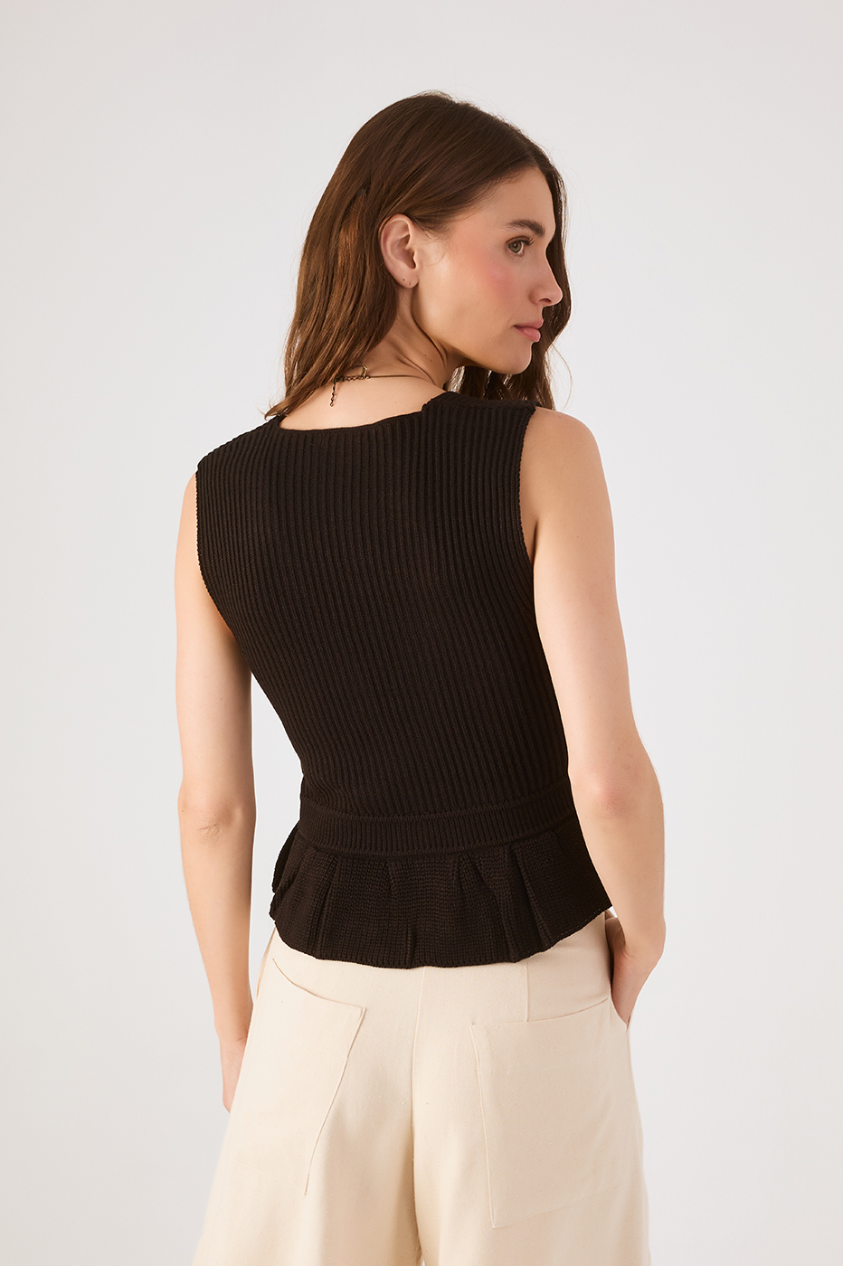 Black V Neck Buttoned Sleeveless Tricot Peplum Blouse