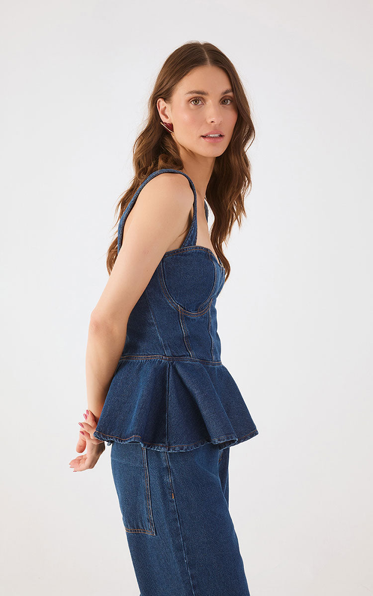 Denim Sweetheart Neckline Peplum Blouse