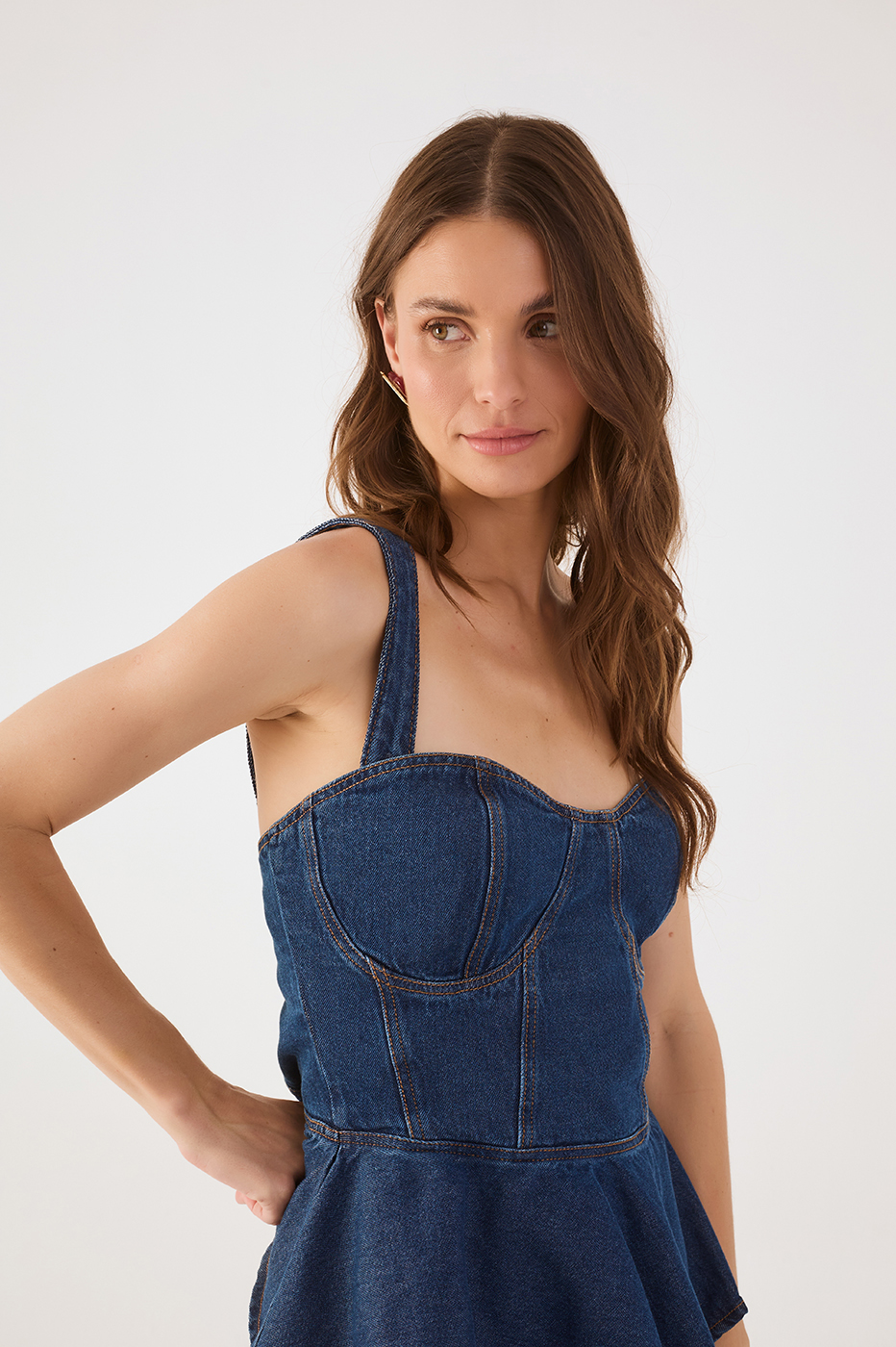 Denim Sweetheart Neckline Peplum Blouse_4