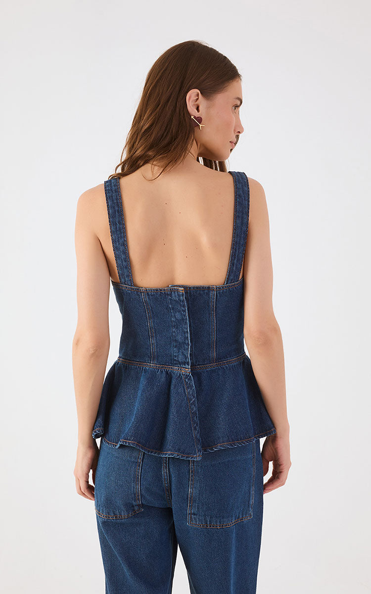 Denim Sweetheart Neckline Peplum Blouse