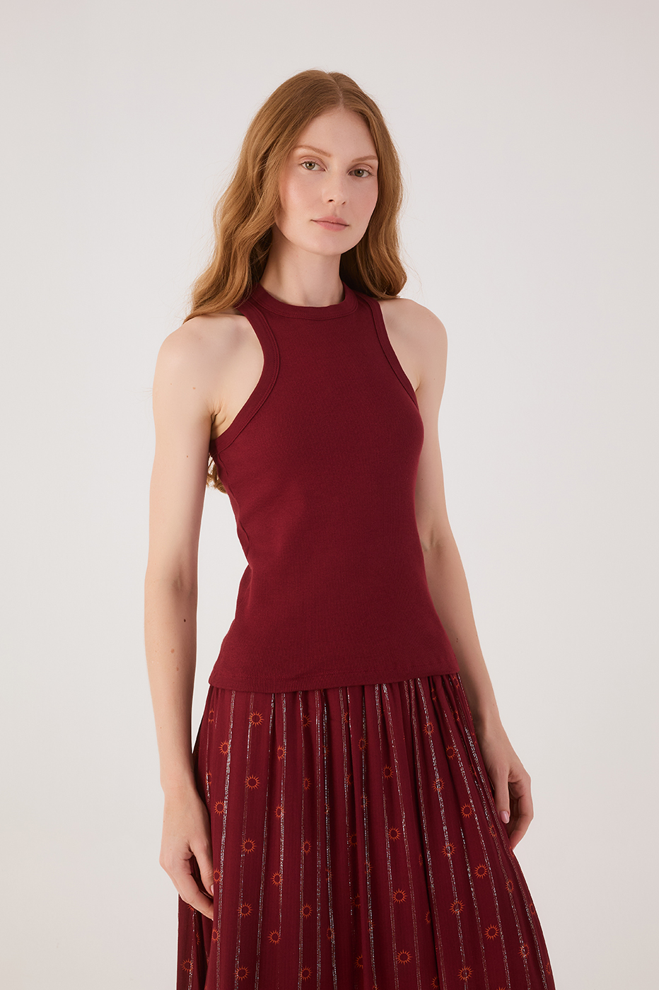 Wine Bossa Crew Neck Ribbed Tank Top