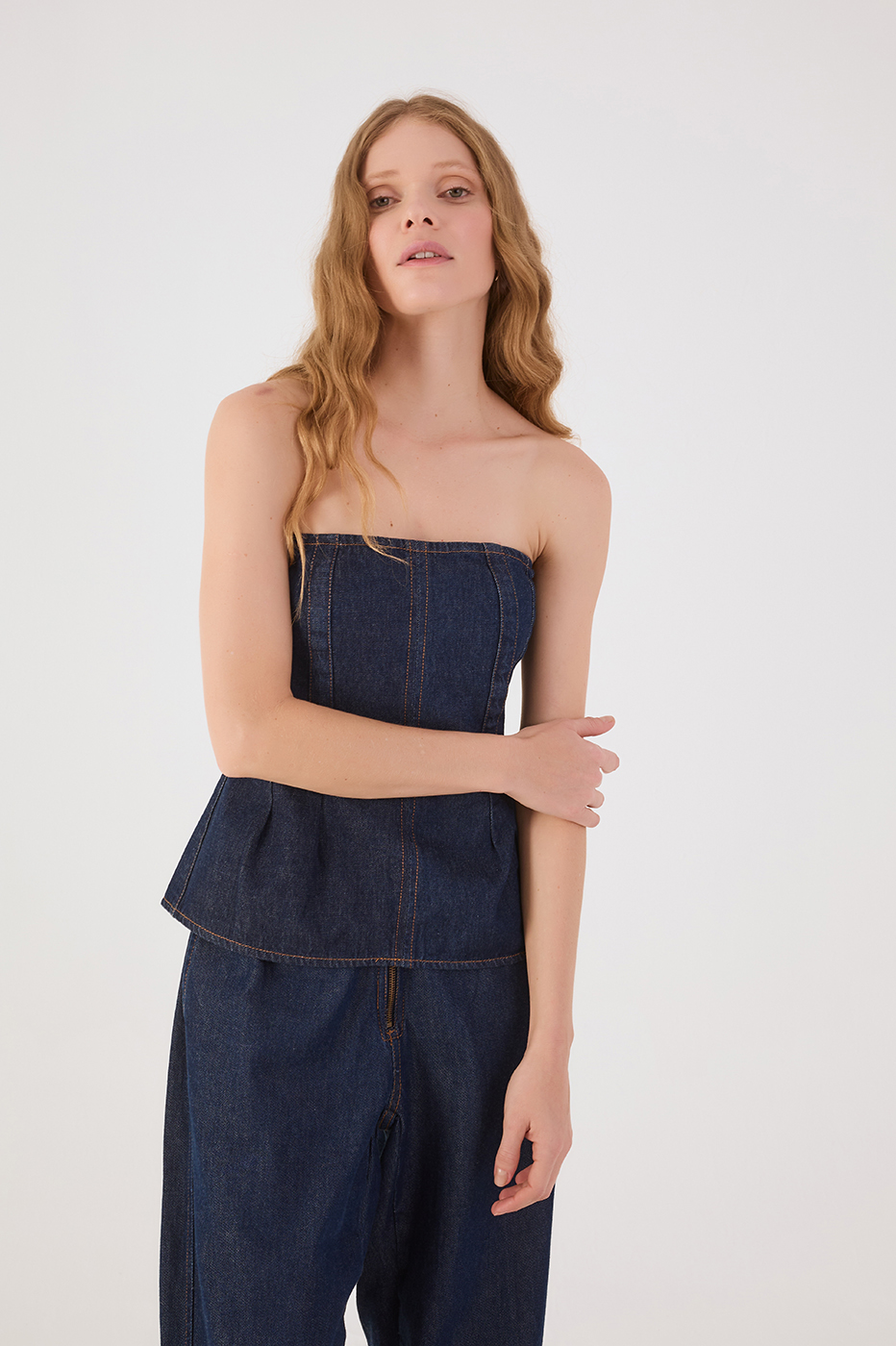 Denim Strapless Back Buttons Top