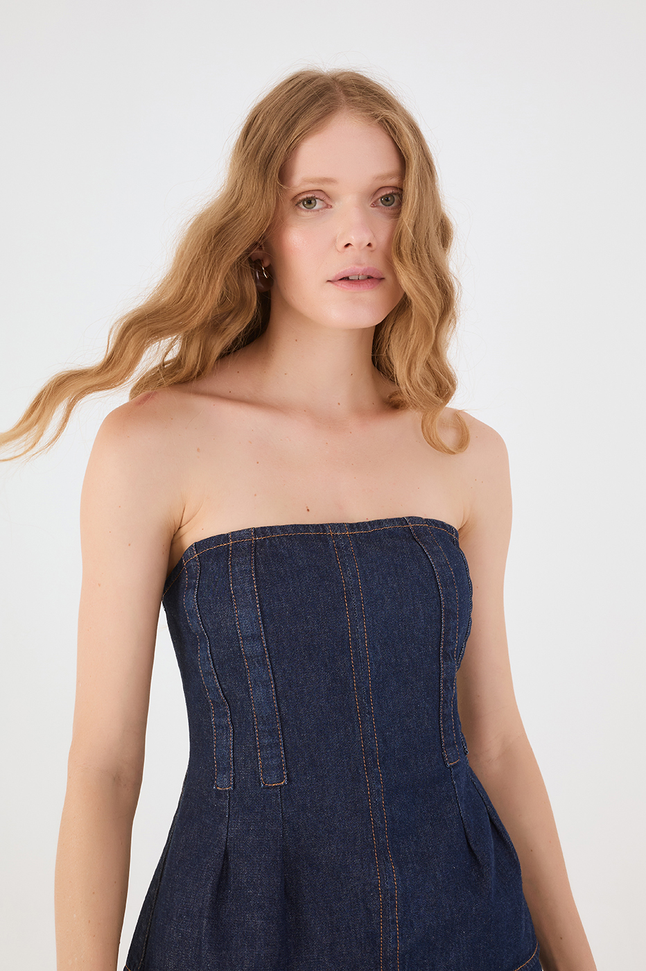 Denim Strapless Back Buttons Top