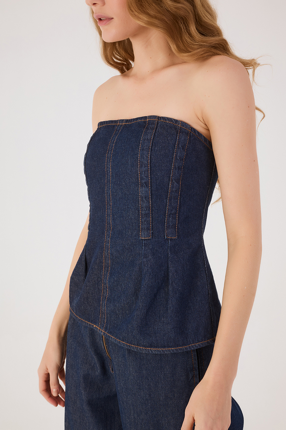 Denim Strapless Back Buttons Top