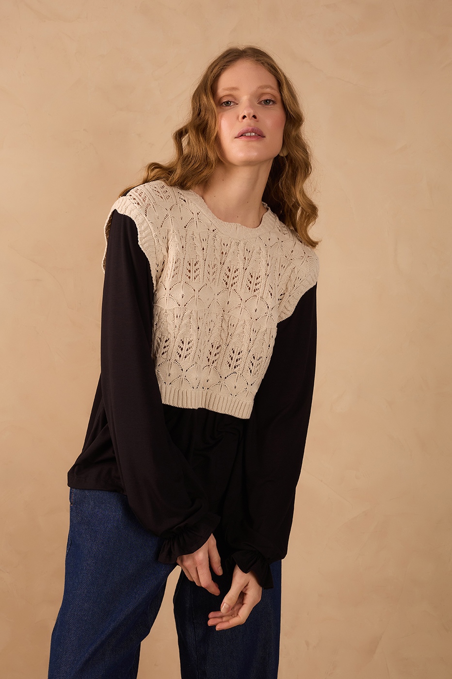 Black Crochet Bodice Long Sleeve Blouse