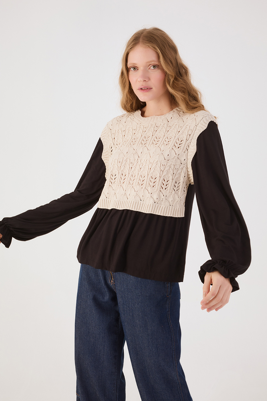 Black Crochet Bodice Long Sleeve Blouse