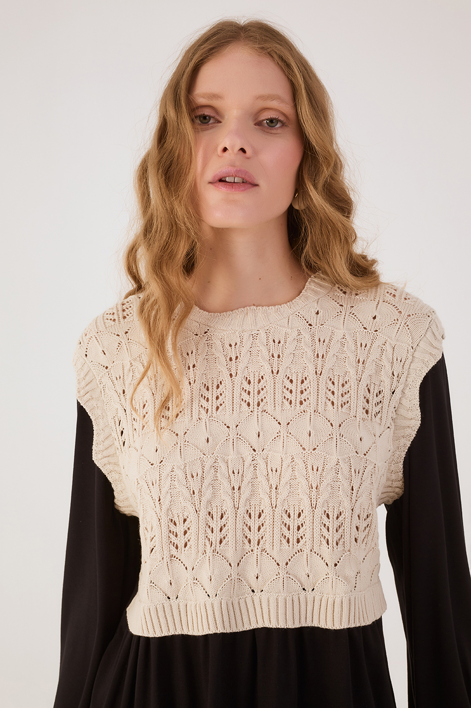 Black Crochet Bodice Long Sleeve Blouse