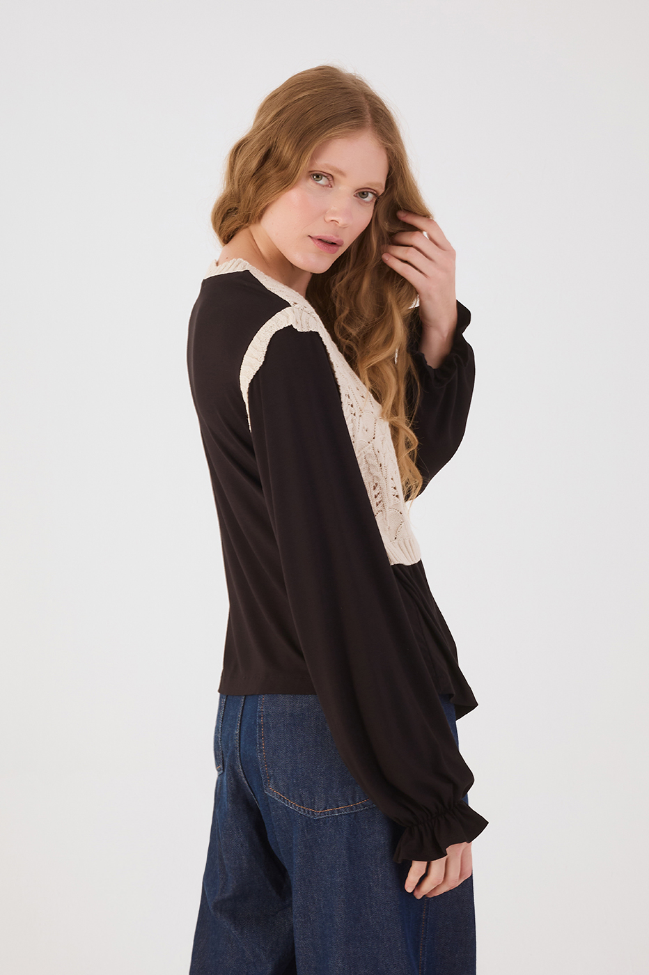 Black Crochet Bodice Long Sleeve Blouse