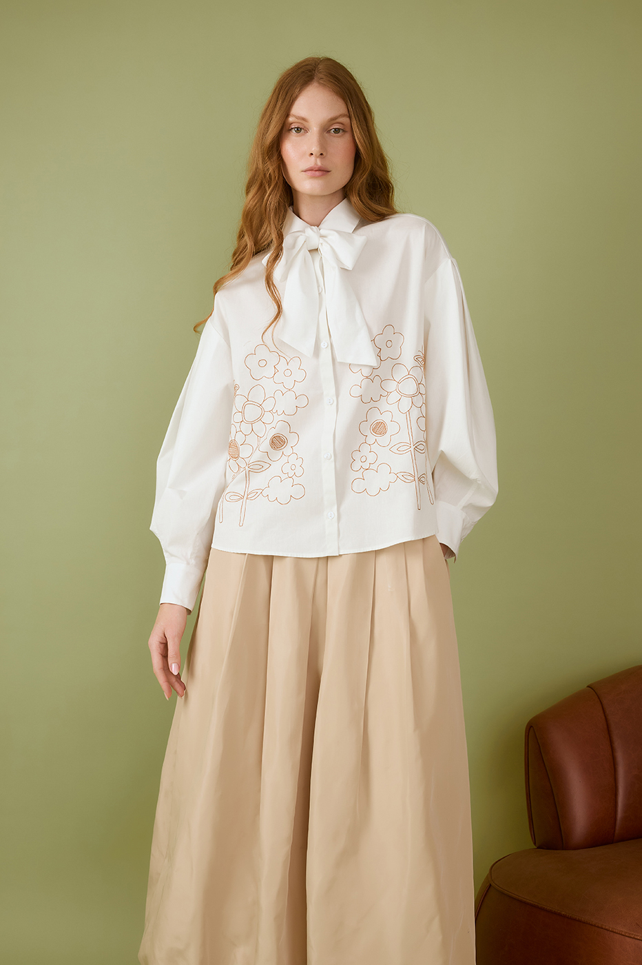Pleated Embroidered Cotton Shirt_1
