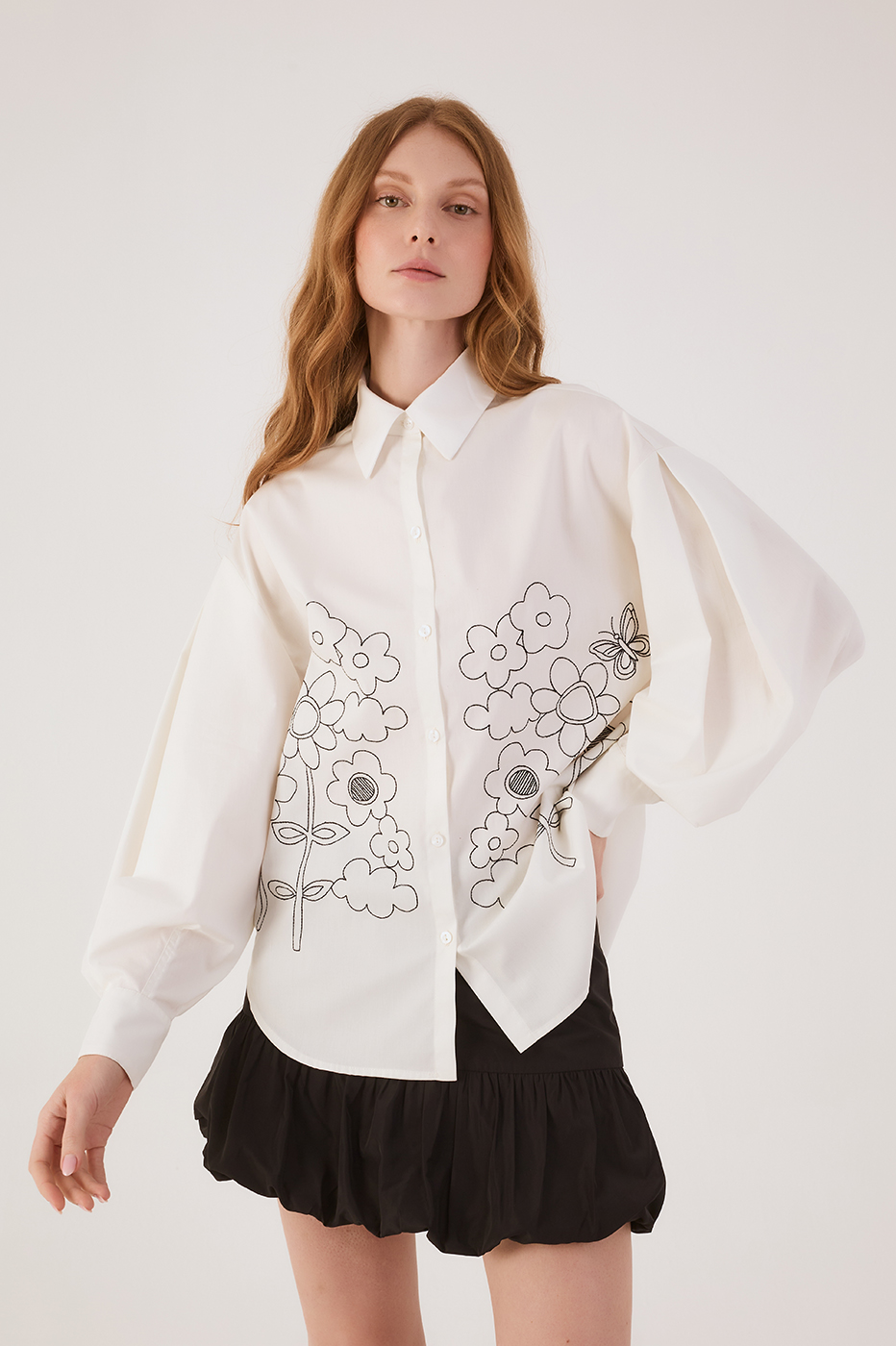 Black Pleated Embroidered Cotton Shir_4